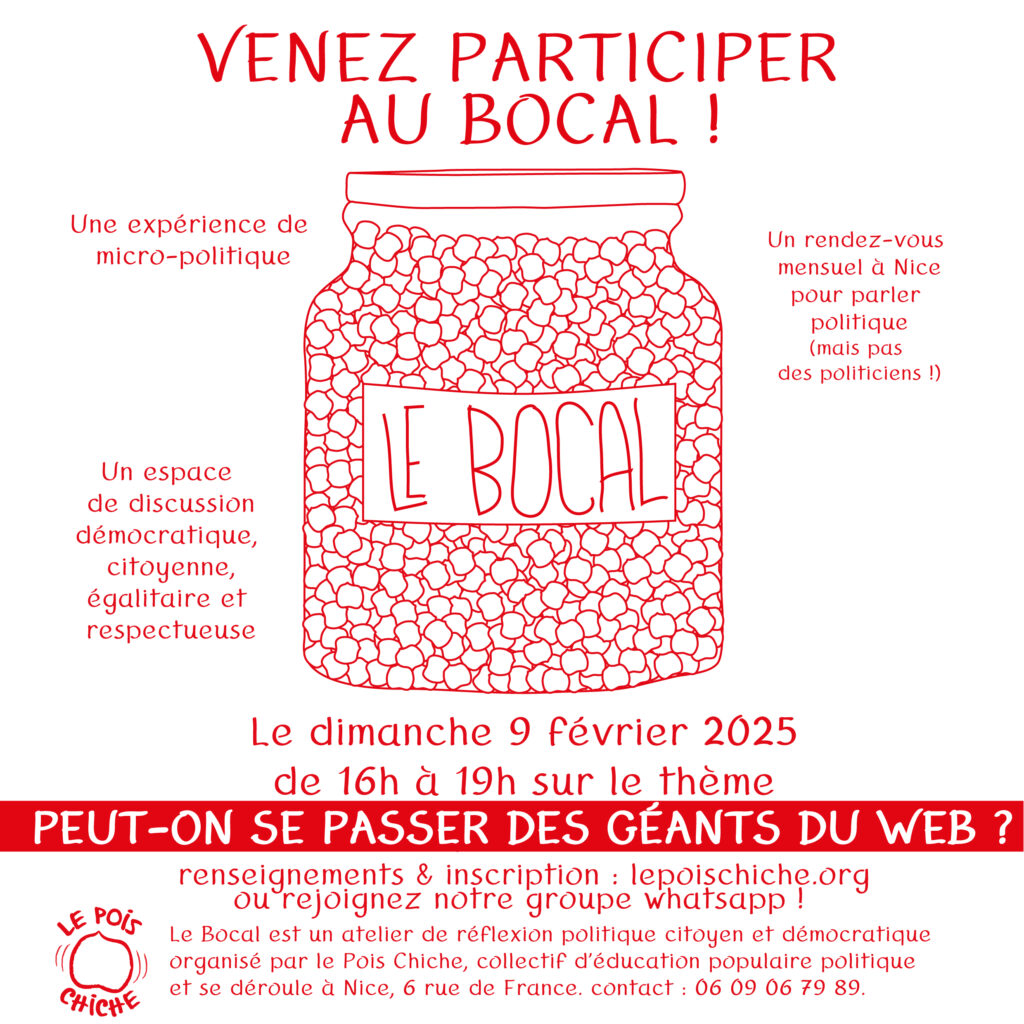 bocal de pois chiche avec le programme du prochain Bocal du Pois Chiche